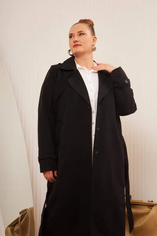 Plus Size Lined Long Trench Coat Black - BÜYÜKBEDENIZ