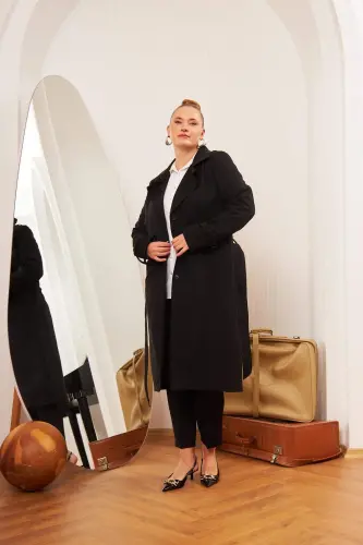 Plus Size Lined Long Trench Coat Black - 9