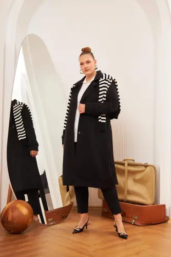 Plus Size Lined Long Trench Coat Black - BÜYÜKBEDENIZ (1)