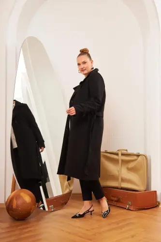 Plus Size Lined Long Trench Coat Black - 3