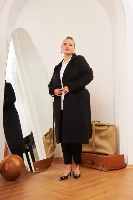 Plus Size Lined Long Trench Coat Black - 5