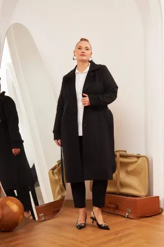 Plus Size Lined Long Trench Coat Black - 6