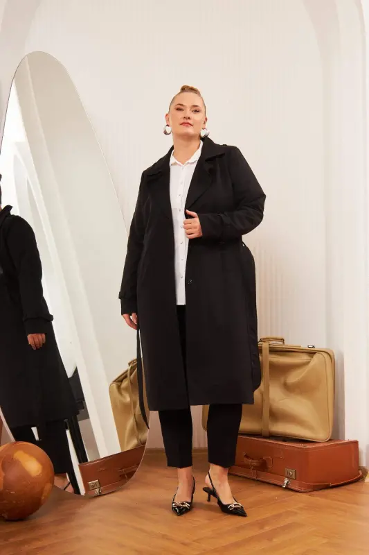 Plus Size Lined Long Trench Coat Black - 6