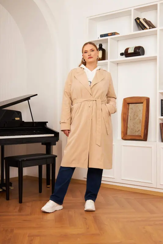 Plus Size Lined Long Trench Coat Mink - BÜYÜKBEDENIZ