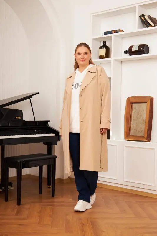 Plus Size Lined Long Trench Coat Mink - 2