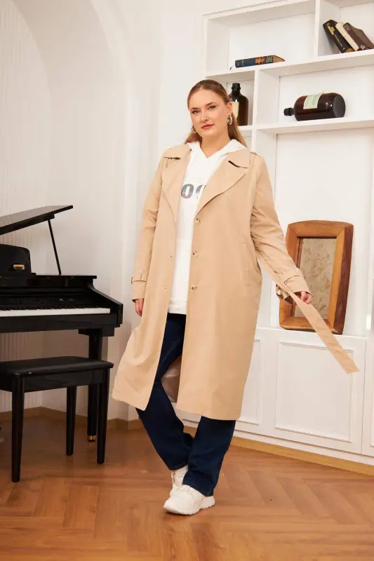 Plus Size Lined Long Trench Coat Mink - 3