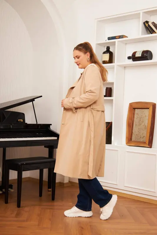 Plus Size Lined Long Trench Coat Mink - 5