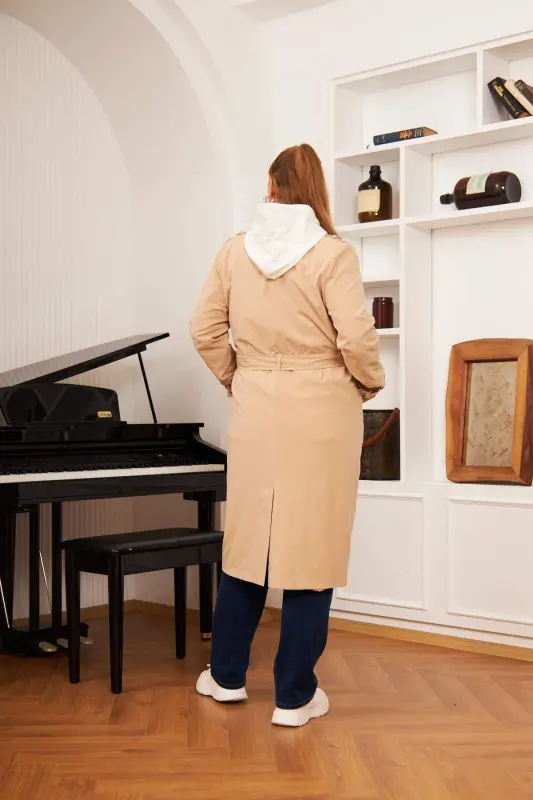 Plus Size Lined Long Trench Coat Mink - 6