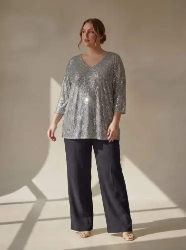 Plus Size Lined Sequin Blouse Silver - 1