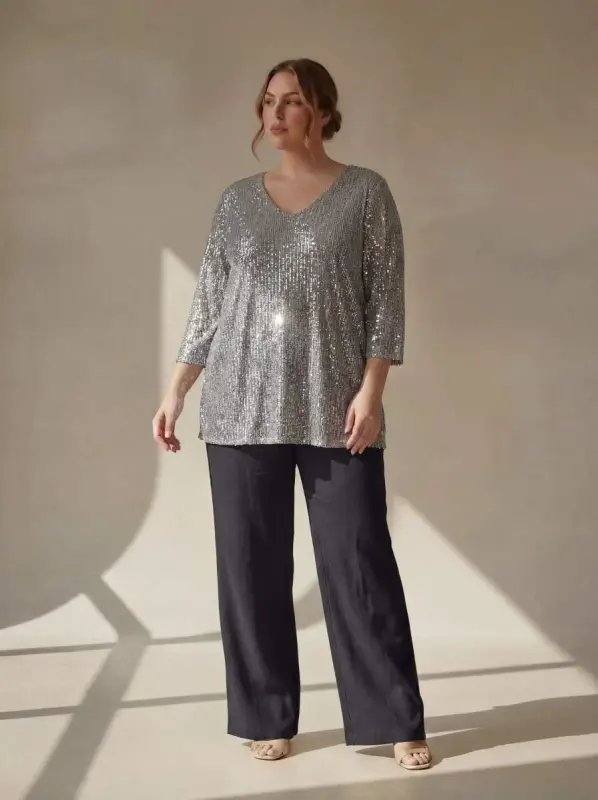 Plus Size Lined Sequin Blouse Silver - BÜYÜKBEDENIZ