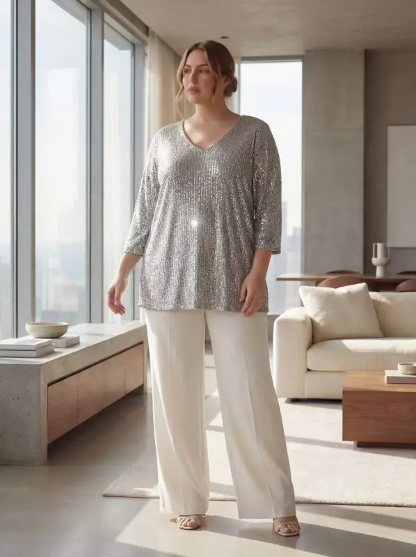 Plus Size Lined Sequin Blouse Silver - 4