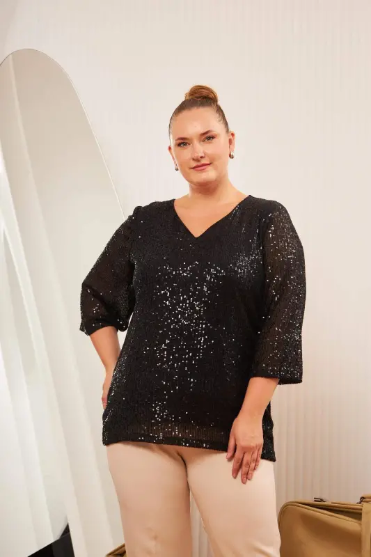Plus Size Lined Sequin Sequin Blouse Black - 2