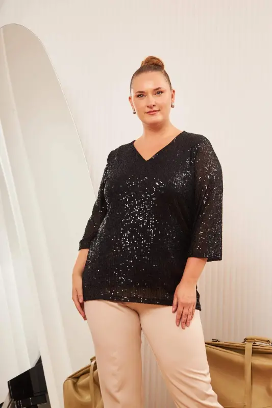 Plus Size Lined Sequin Sequin Blouse Black - 3