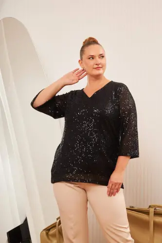 Plus Size Lined Sequin Sequin Blouse Black - 5