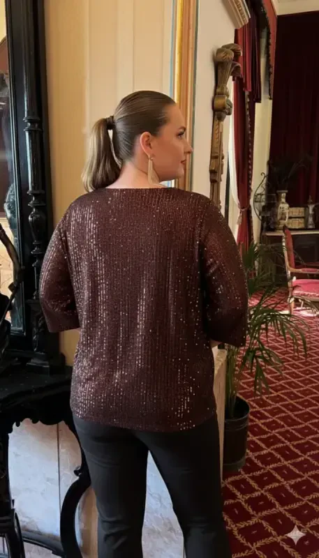 Plus Size Lined Sequin Sequin Blouse Coffee - 1