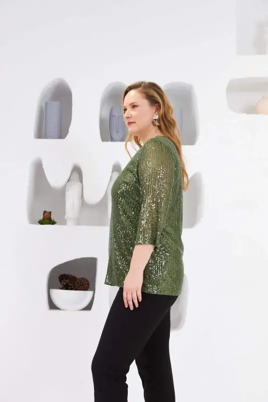 Plus Size Lined Sequin Sequin Blouse Khaki - 10