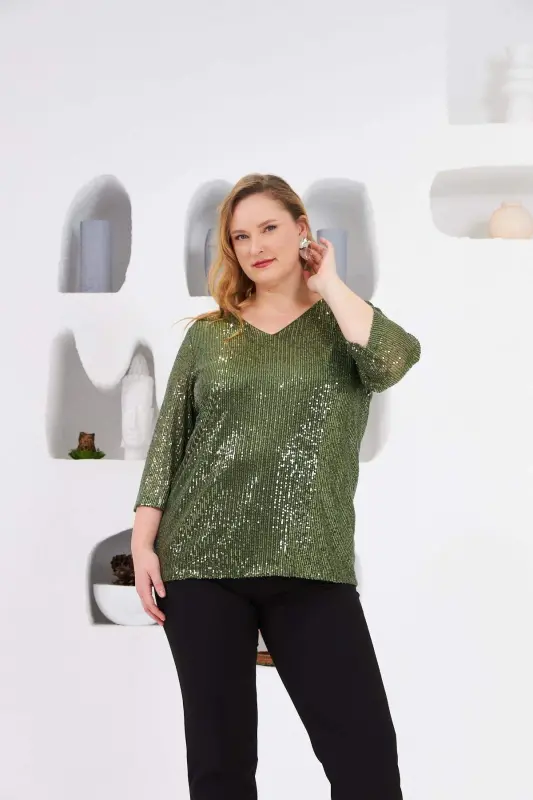 Plus Size Lined Sequin Sequin Blouse Khaki - 1