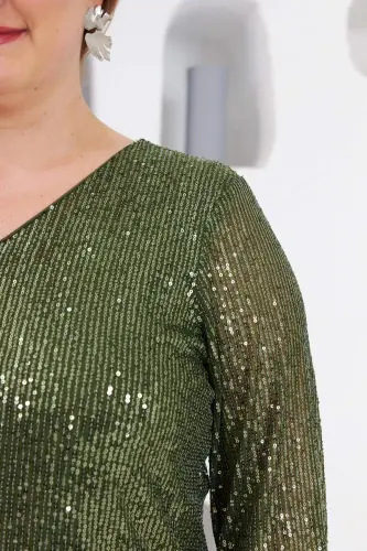 Plus Size Lined Sequin Sequin Blouse Khaki - 3