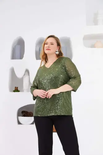Plus Size Lined Sequin Sequin Blouse Khaki - 9