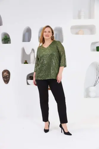 Plus Size Lined Sequin Sequin Blouse Khaki - 8
