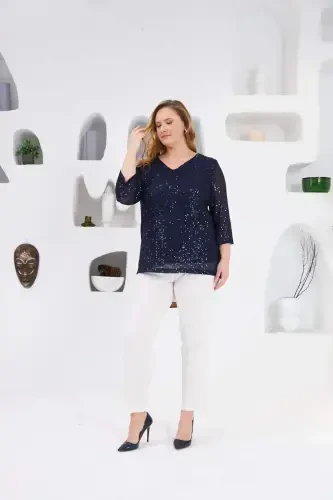 Plus Size Lined Sequin Sequin Blouse Navy Blue - 7