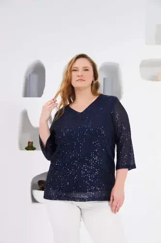 Plus Size Lined Sequin Sequin Blouse Navy Blue - 1