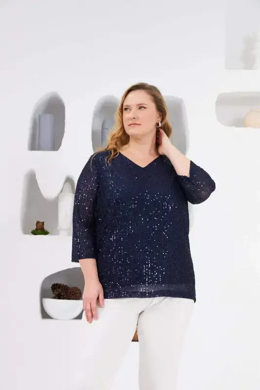 Plus Size Lined Sequin Sequin Blouse Navy Blue - 2