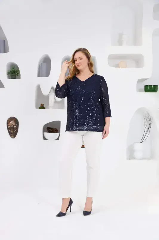 Plus Size Lined Sequin Sequin Blouse Navy Blue - 5