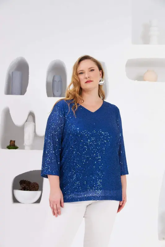 Plus Size Lined Sequined Blouse Saks - BÜYÜKBEDENIZ
