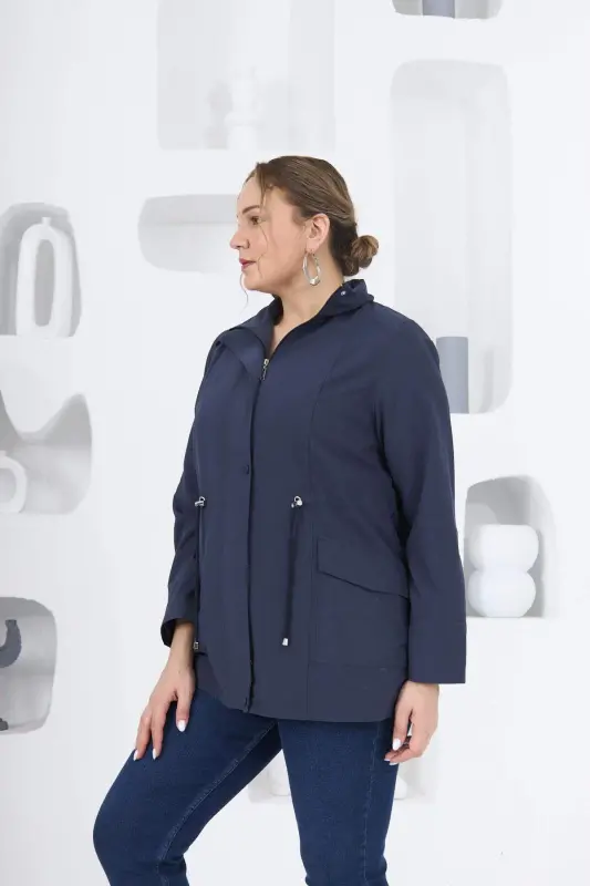 Plus Size Lined Trench Coat Navy Blue - 10