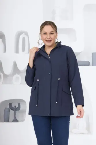Plus Size Lined Trench Coat Navy Blue - 1