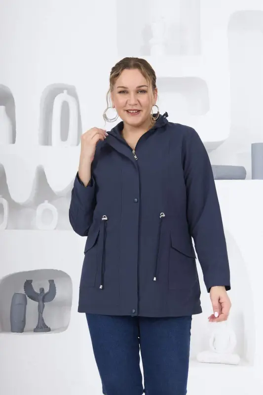 Plus Size Lined Trench Coat Navy Blue - BÜYÜKBEDENIZ