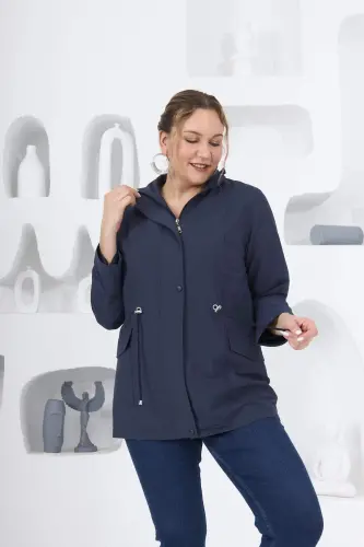Plus Size Lined Trench Coat Navy Blue - BÜYÜKBEDENIZ (1)