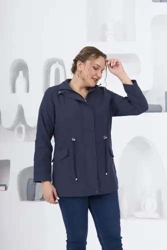 Plus Size Lined Trench Coat Navy Blue - 3