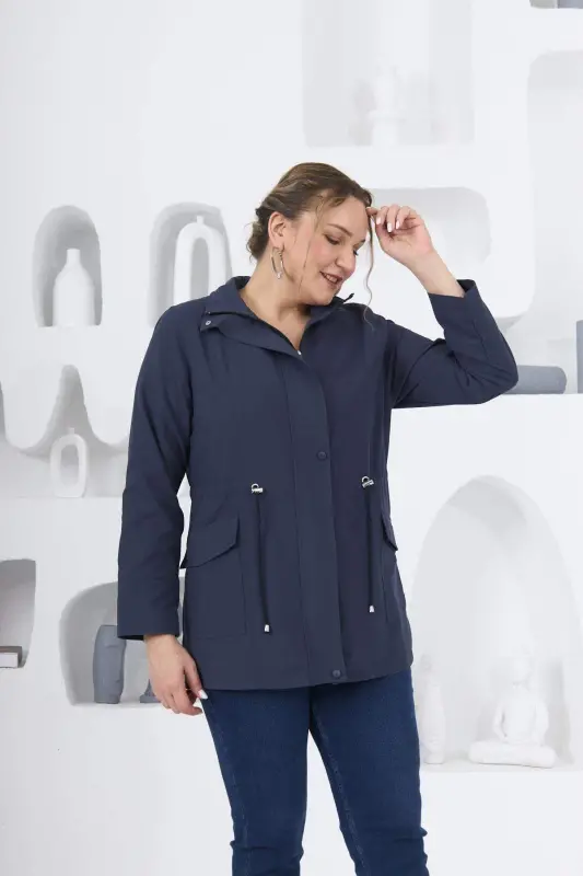 Plus Size Lined Trench Coat Navy Blue - 3