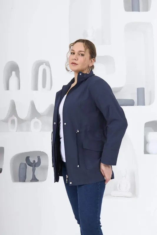 Plus Size Lined Trench Coat Navy Blue - 4