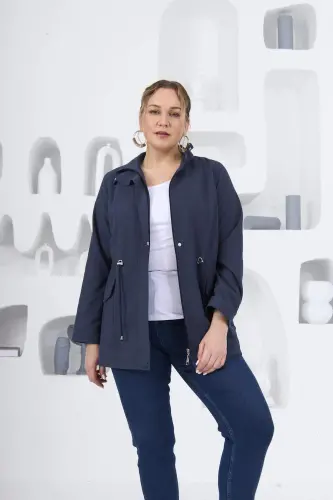 Plus Size Lined Trench Coat Navy Blue - 5