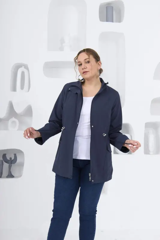 Plus Size Lined Trench Coat Navy Blue - 6