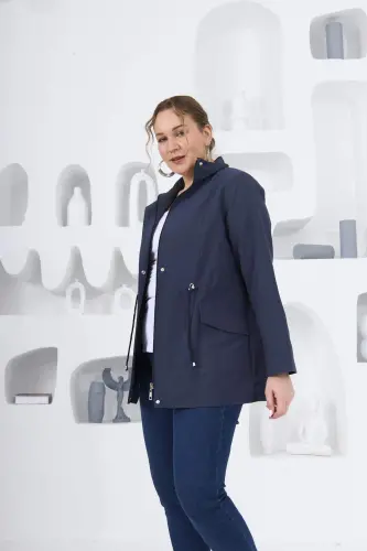 Plus Size Lined Trench Coat Navy Blue - 7