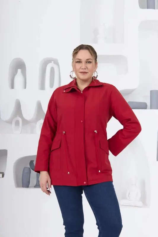 Plus Size Lined Trench Coat Red - 1