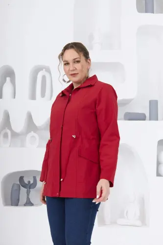 Plus Size Lined Trench Coat Red - BÜYÜKBEDENIZ (1)