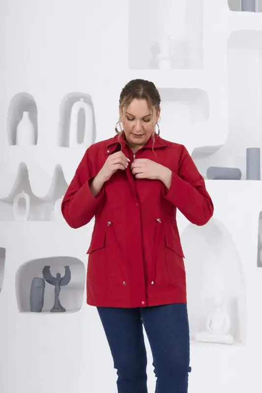 Plus Size Lined Trench Coat Red - 3