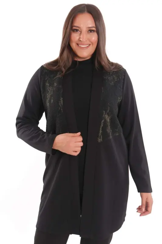 Plus Size Long Black Cardigan with Front Piece Fabric Detail - 1