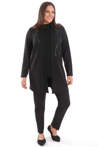 Plus Size Long Black Cardigan with Front Piece Fabric Detail - 2