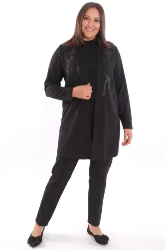 Plus Size Long Black Cardigan with Front Piece Fabric Detail - 4