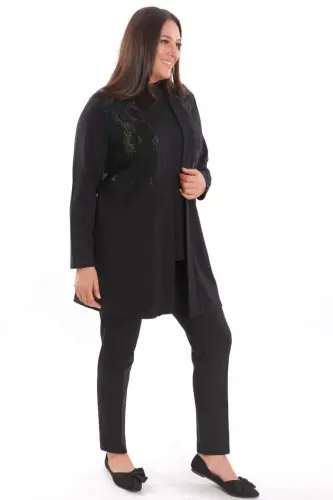 Plus Size Long Black Cardigan with Front Piece Fabric Detail - 5