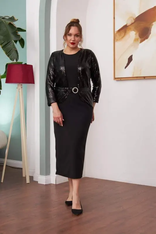Plus Size Long Black Dress with Front Sequin Detail - 1
