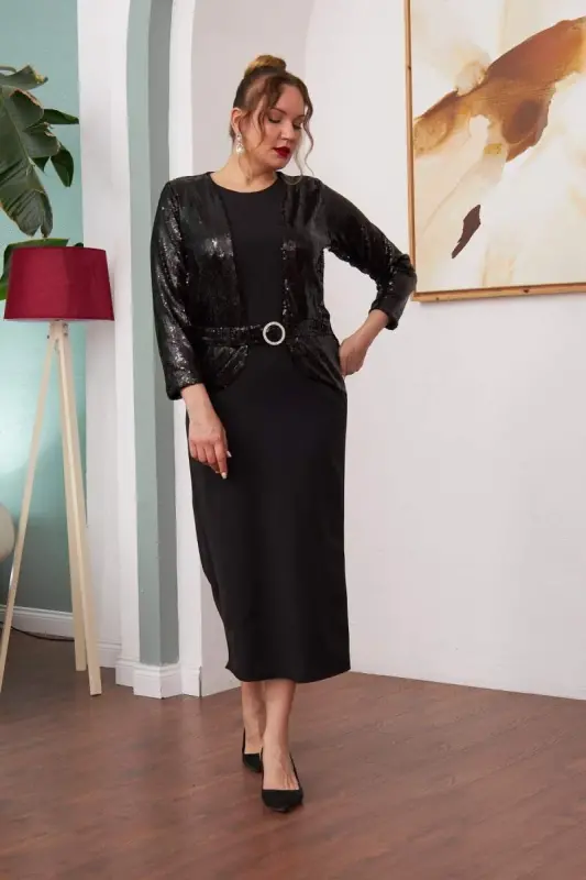 Plus Size Long Black Dress with Front Sequin Detail - 2