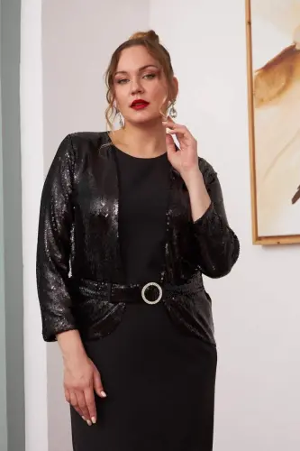 Plus Size Long Black Dress with Front Sequin Detail - 3