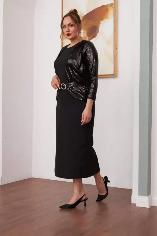 Plus Size Long Black Dress with Front Sequin Detail - 4